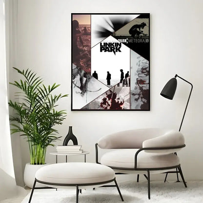 Black-framed linkin park meteora poster wall art with monochrome collage and muted red accents for stylish decor