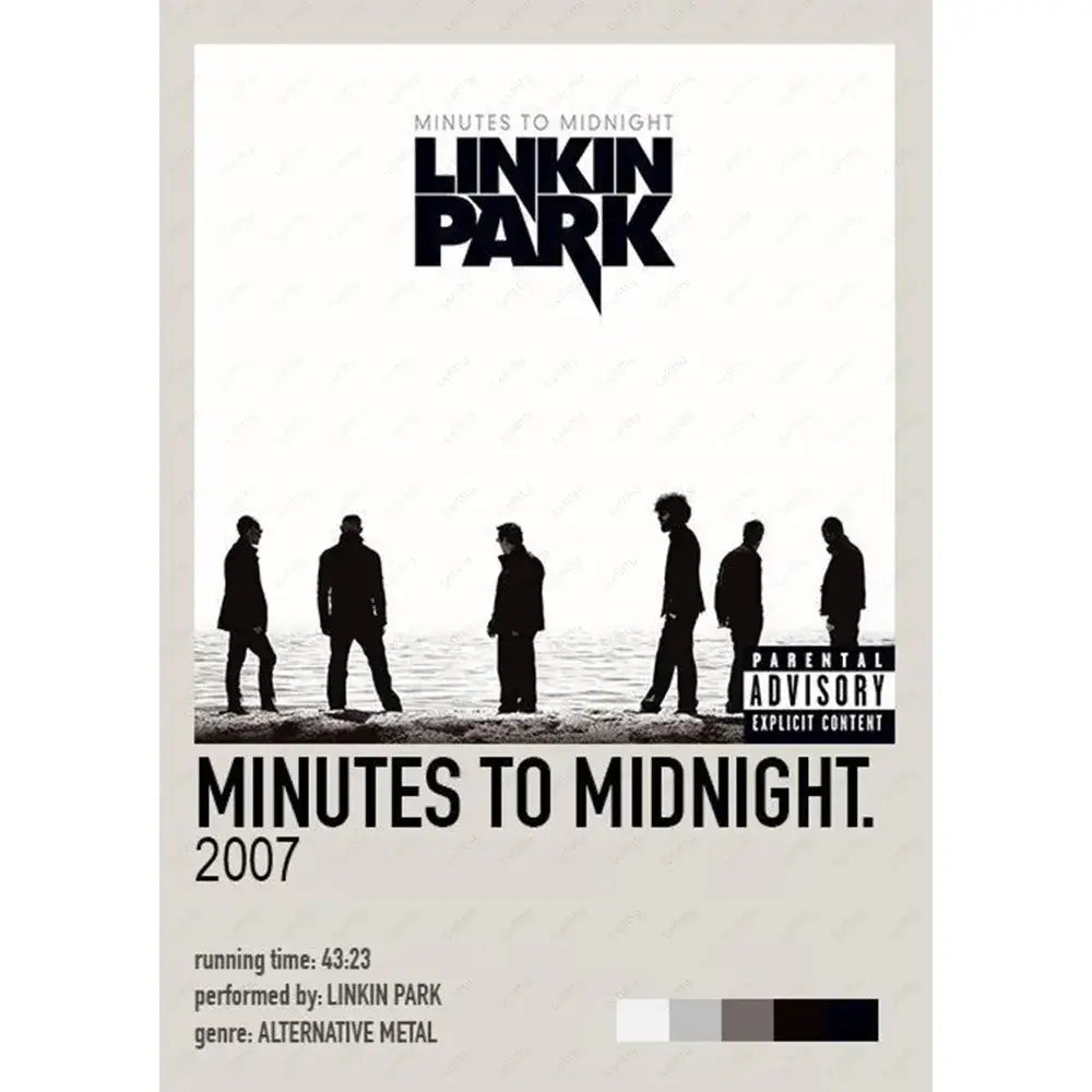 Black and white linkin park minutes to midnight poster wall art featuring band silhouettes on beach for DecorBites™ wall art