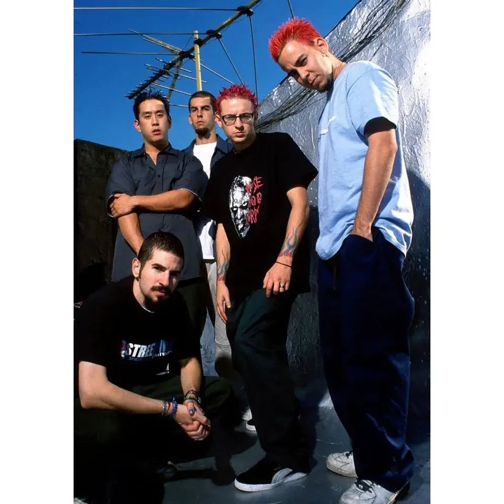 Decorbites cool l-linkin band park poster wall art features band members outdoors with reflective metallic backdrop and red hair