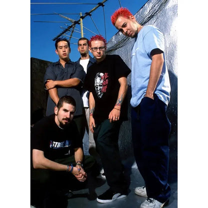 Decorbites cool l-linkin band park poster wall art features band members outdoors with reflective metallic backdrop and red hair