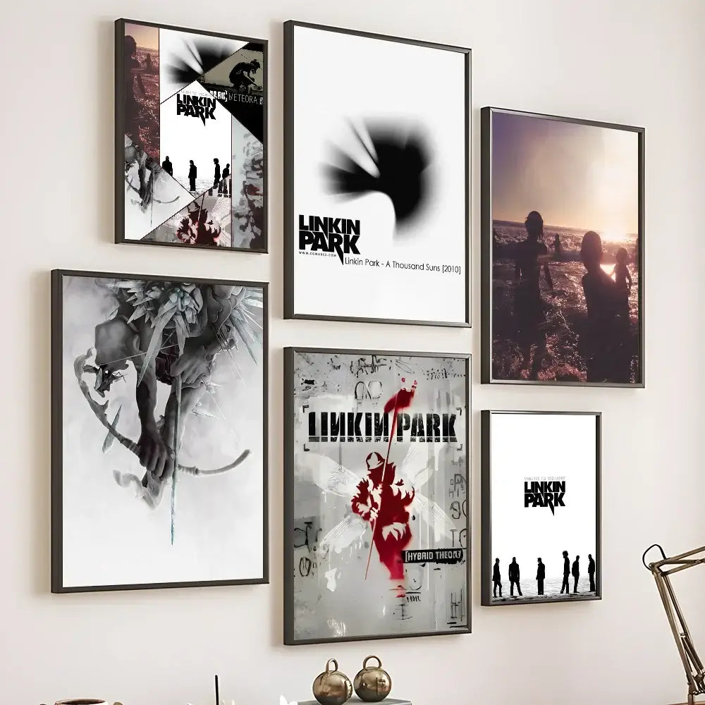 Set of five DecorBites cool Linkin Park poster wall art with black frames, grayscale imagery, red accents, and silhouettes