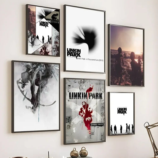 Set of five DecorBites cool Linkin Park poster wall art with black frames, grayscale imagery, red accents, and silhouettes