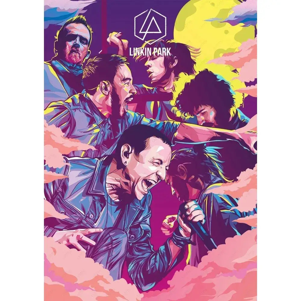 Vibrant stylized poster wall art of linkin park band members in dynamic poses against a colorful sky backdrop by decorbites™