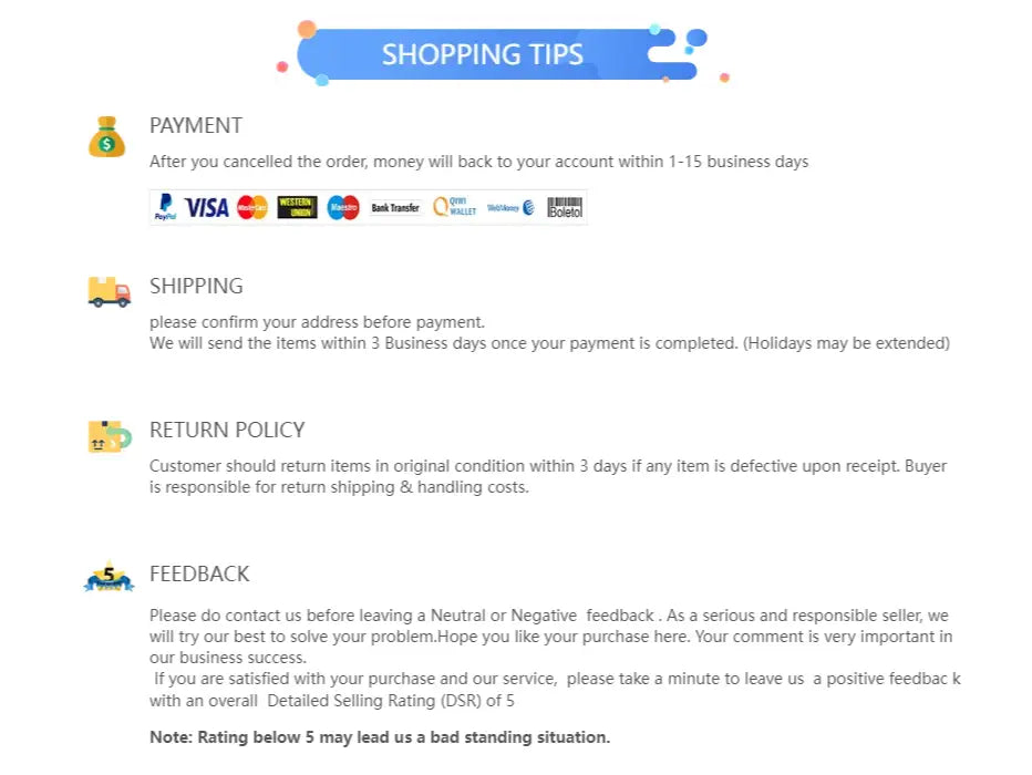 Blue banner with white text shopping tips above payment logos for decorbites cooling summer cotton duvet cover set