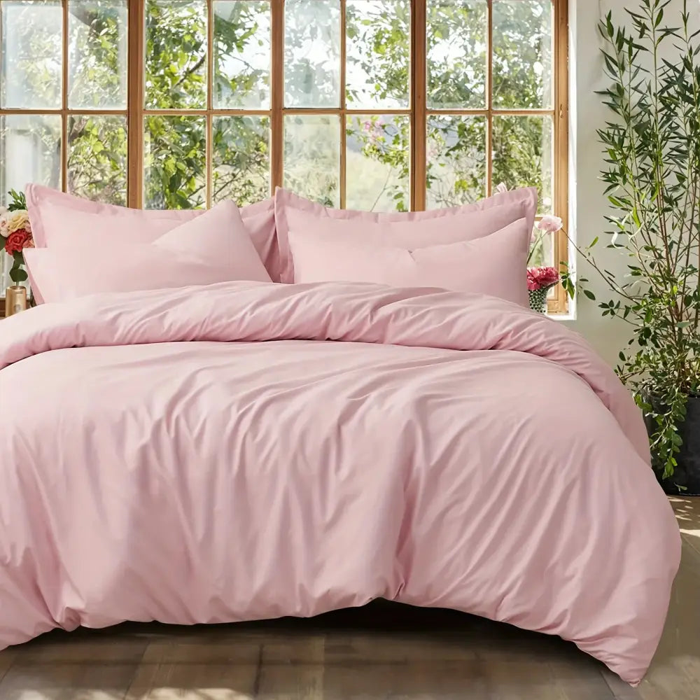 Decorbites cooling summer cotton duvet cover set in soft pink with satin-like finish for breathable comfort