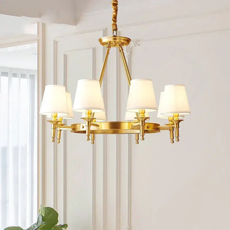 Gold-finished decorbites copper american chandelier with six off-white fabric shades for dining room use