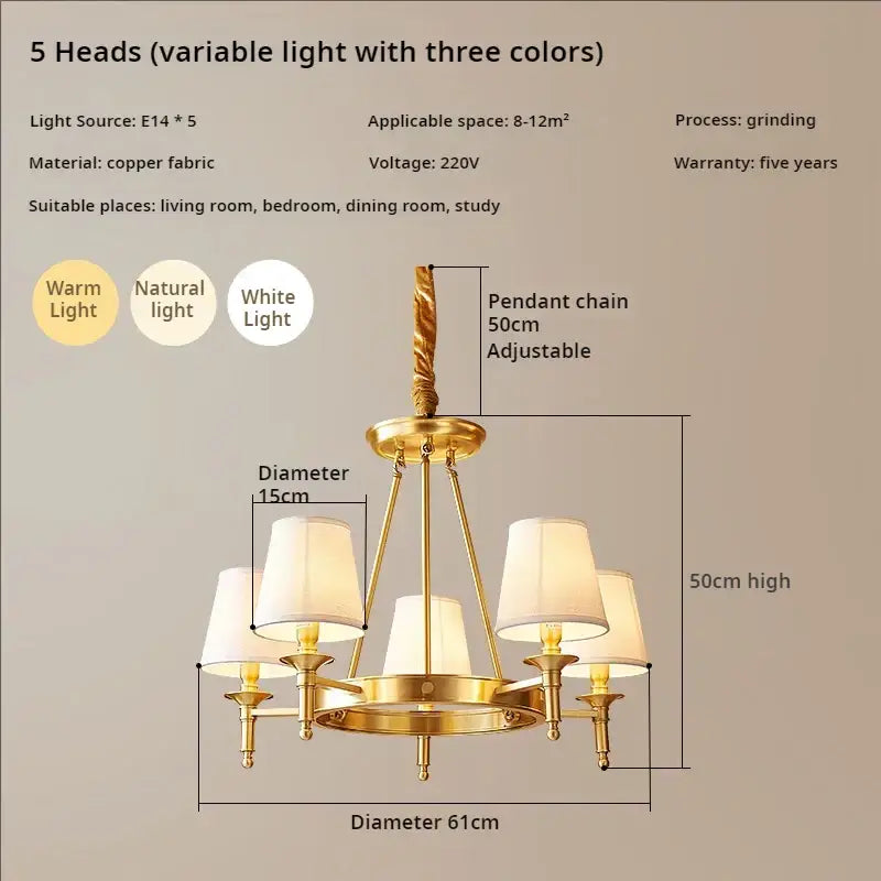 Decorbites copper american fabric chandelier with gold-toned copper frame five white lampshades adjustable chain
