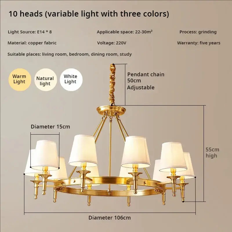 Decorbites copper american chandelier with gold-toned copper fabric frame ten white lampshades adjustable chain