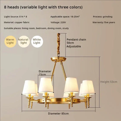 Decorbites copper american chandelier with gold-toned copper fabric, eight white lampshades, and adjustable 50cm chain