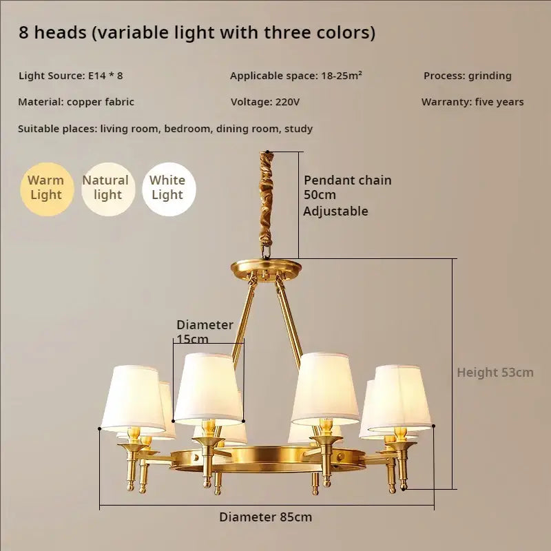 Decorbites copper american chandelier with gold-toned copper fabric, eight white lampshades, and adjustable 50cm chain