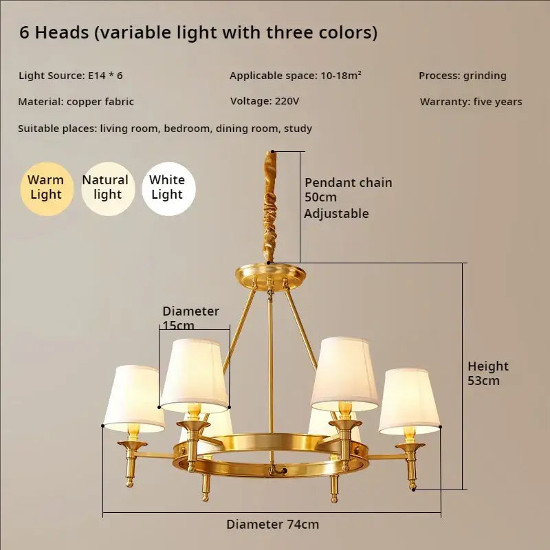 Decorbites copper american chandelier with six adjustable gold-toned copper arms and cream fabric shades for dining room