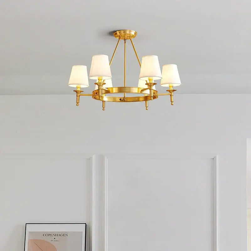Gold-toned decorbites copper american chandelier with five white fabric shades for dining room lighting