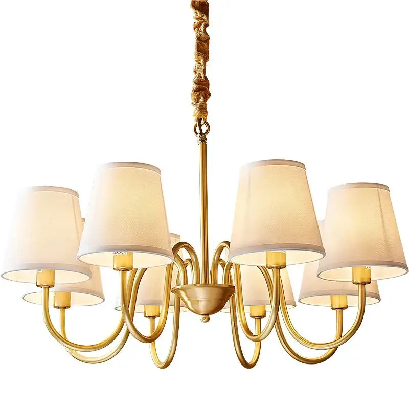 Gold-toned decorbites copper american chandelier with six cream fabric shades and twisted chain suspension for living room