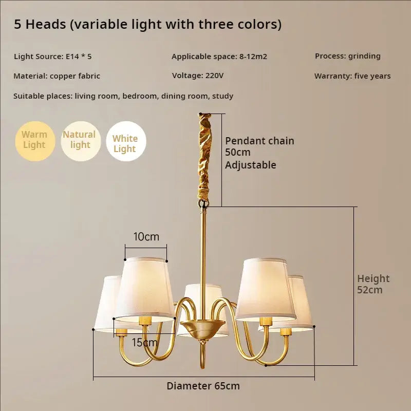Gold-toned copper american chandelier by decorbites with five adjustable arms and fabric shades for living room use
