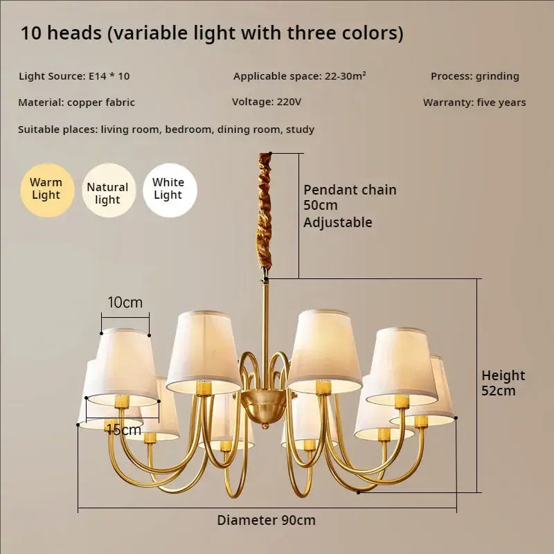 Gold-toned decorbites copper american chandelier with ten adjustable arms and cream fabric shades for living room
