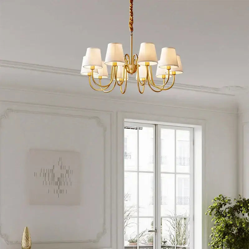 Decorbites copper american chandelier with gold-toned metal and six cream fabric shades for living room lighting