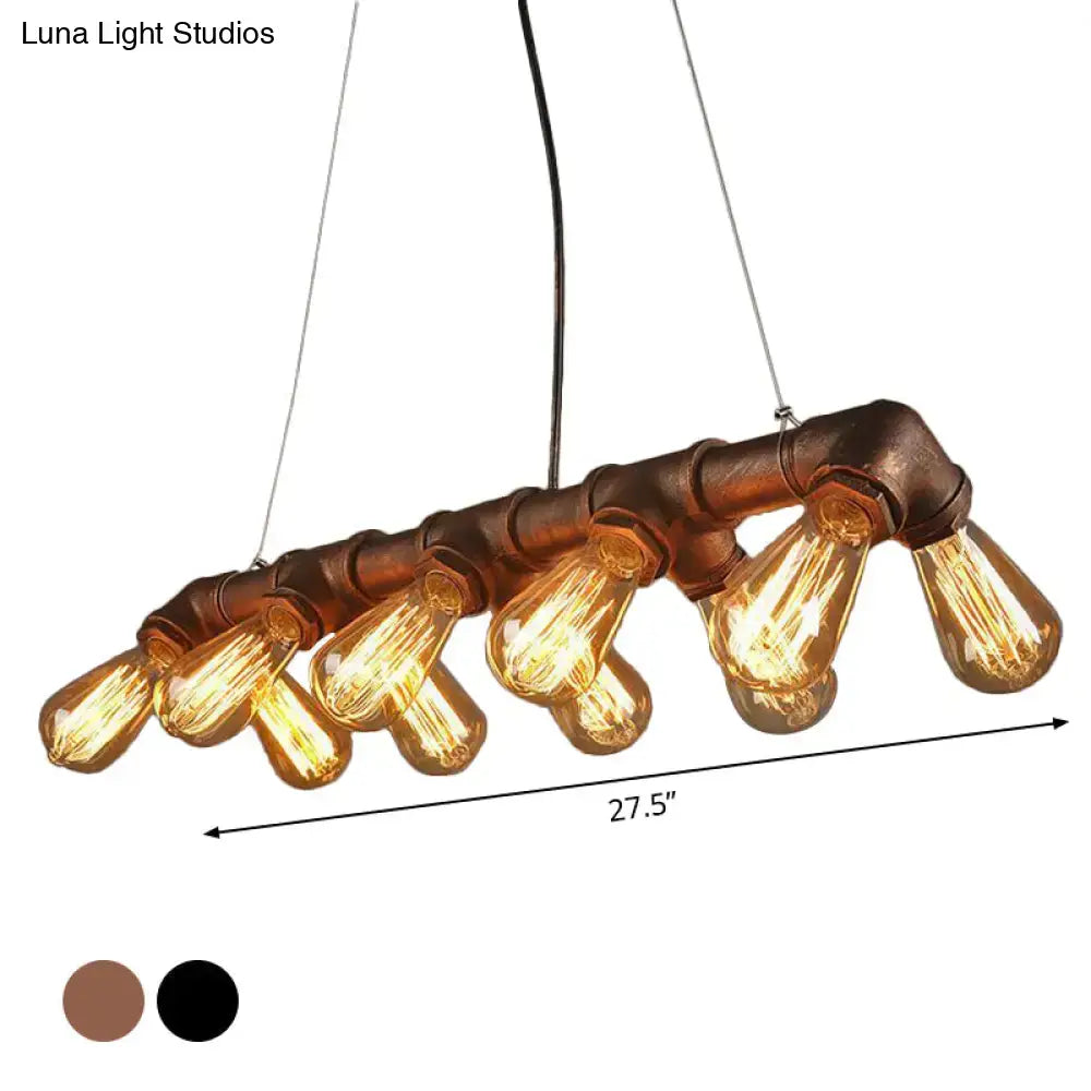 Decorbites copper and black industrial kitchen island pendant light fixture with symmetric piping and 10 edison bulbs