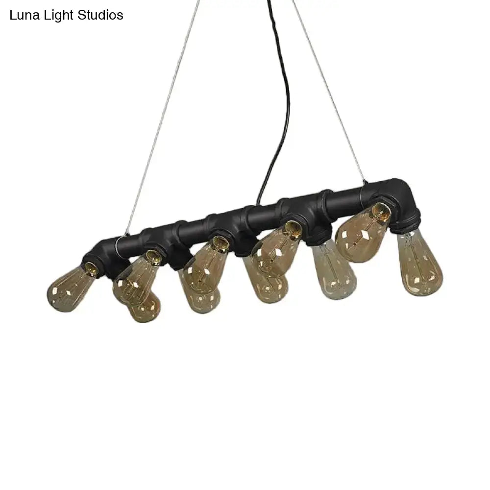 DecorBites™ black copper industrial kitchen island pendant light fixture with symmetric piping and 10 amber bulbs
