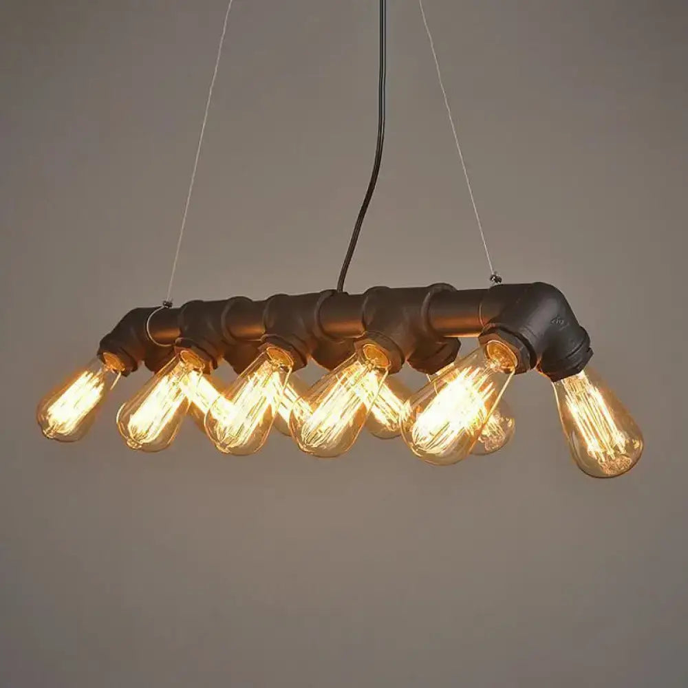 DecorBites™ black copper industrial kitchen island pendant light fixture with symmetric piping and 10 glowing bulbs