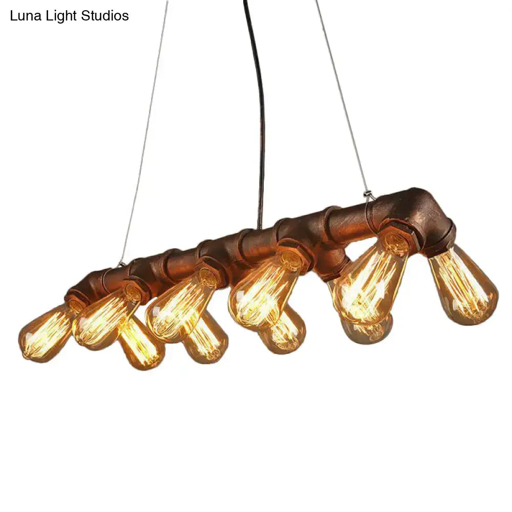 DecorBites copper and black industrial kitchen island pendant light fixture with symmetric piping and 10 glowing bulbs