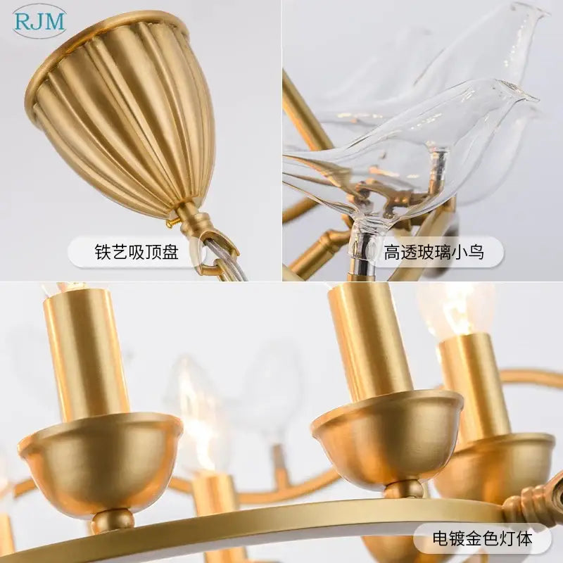 Gold-finished decorbites copper bird chandelier with clear glass bird accents and candle-style light fixtures for dining room
