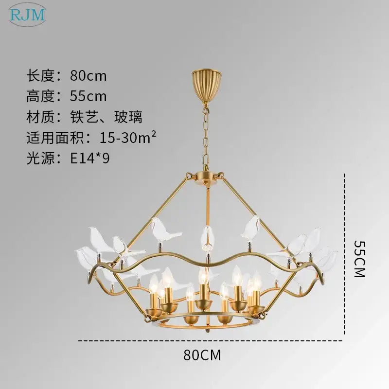 Gold-toned decorbites copper bird chandelier with geometric frame clear glass bird ornaments and nine e14 light sockets