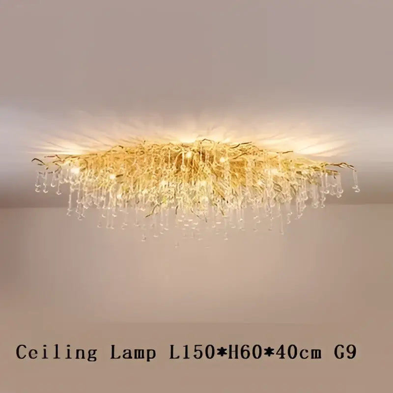 Decorbites copper branch water crystal chandelier with gold-toned crystals and cascading glass droplets for living room