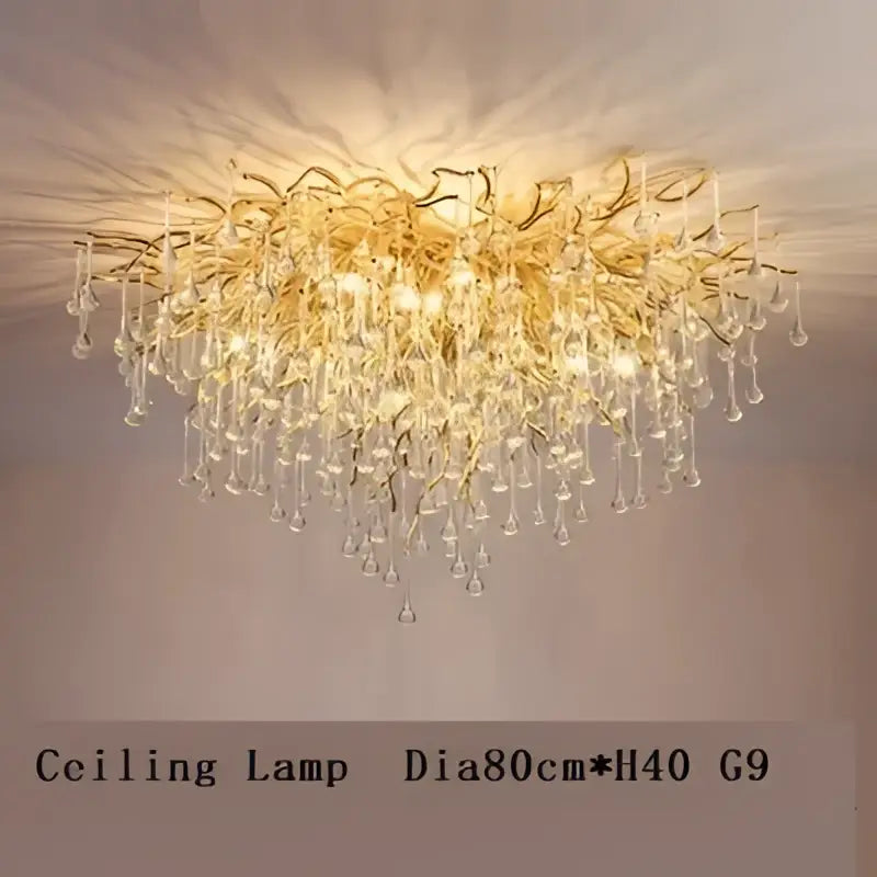 Golden decorbites copper branch water crystal chandelier with intricate branching arms and teardrop crystals for living room
