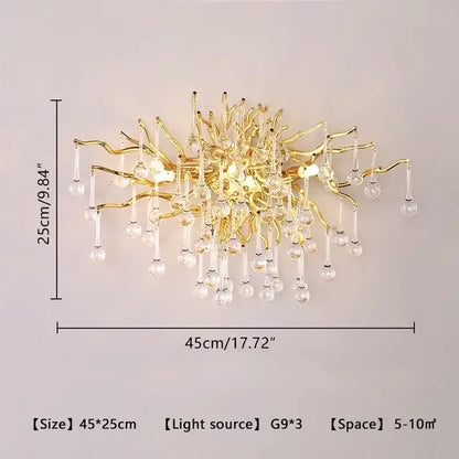 Gold-toned decorbites copper branch water crystal chandelier with intricate arms and dangling crystals for living room