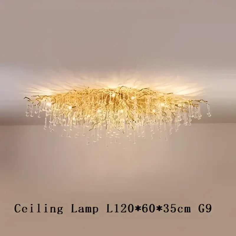Gold-toned decorbites copper branch water crystal chandelier with cascading glass droplets for living room decor