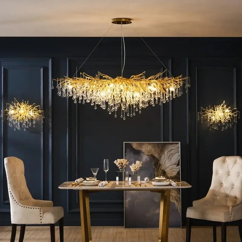 Golden decorbites copper branch chandelier with intricate branch water crystal design and dangling crystal droplets for living room