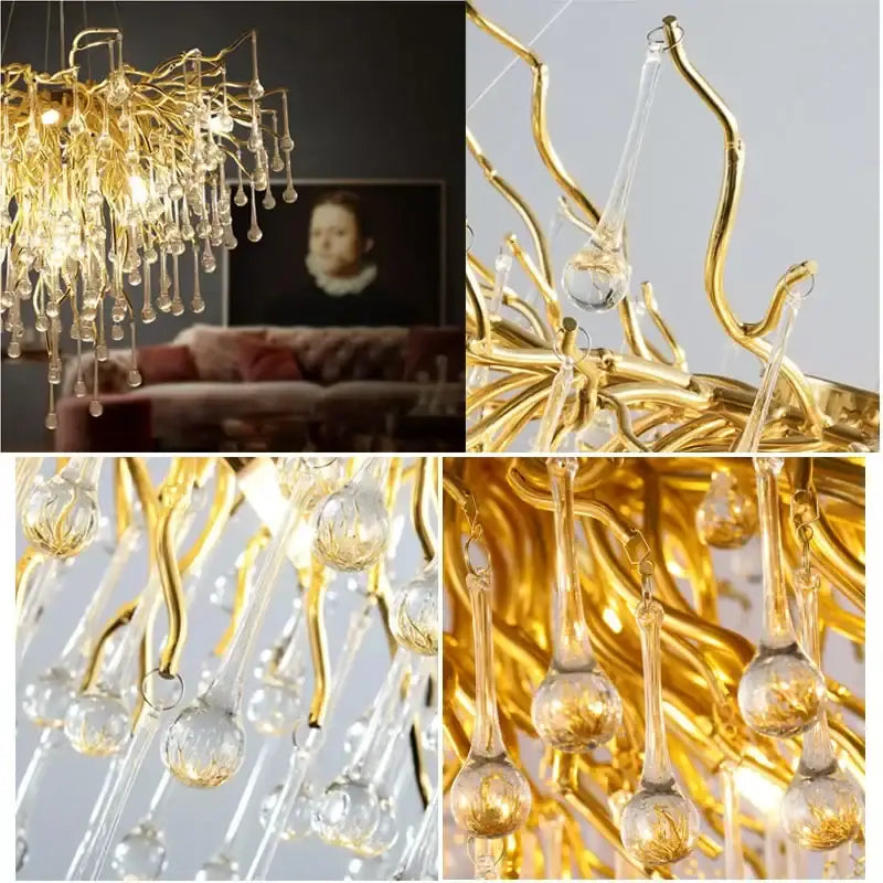 Decorbites copper branch water crystal chandelier with golden metallic arms and clear glass droplets for living room