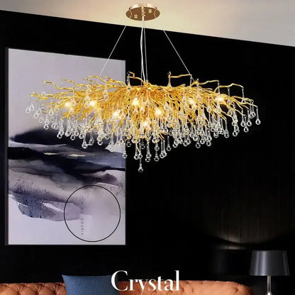 Decorbites copper branch water crystal chandelier with gold branch style and dangling crystal droplets for living room