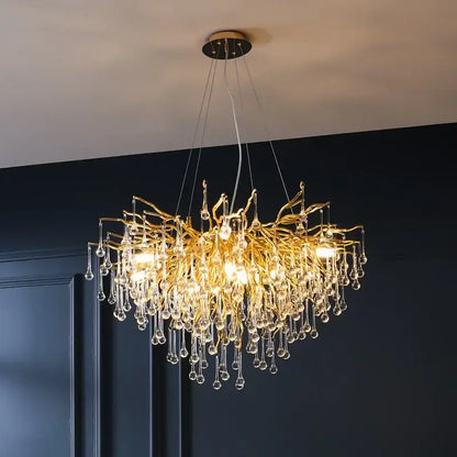 Golden decorbites copper branch chandelier with dangling crystal droplets for elegant living room lighting