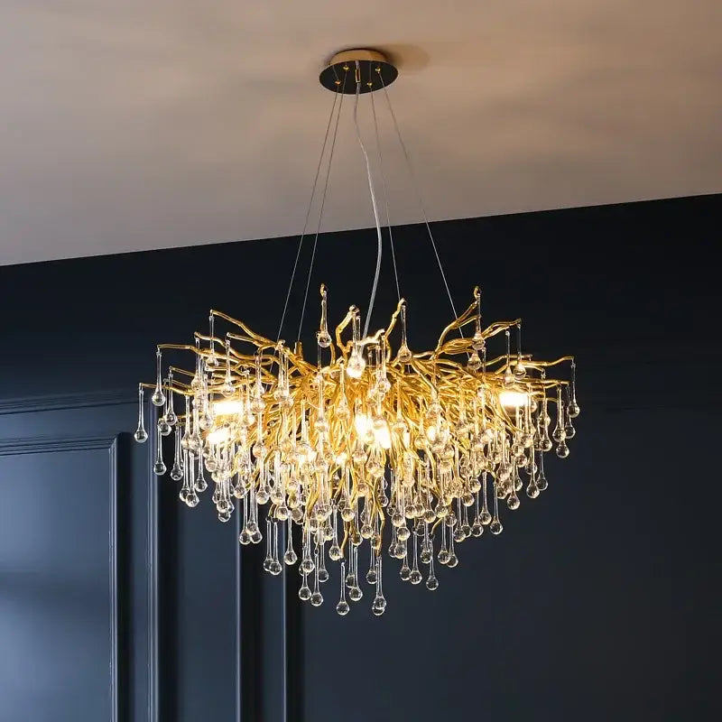 Golden decorbites copper branch chandelier with dangling crystal droplets for elegant living room lighting