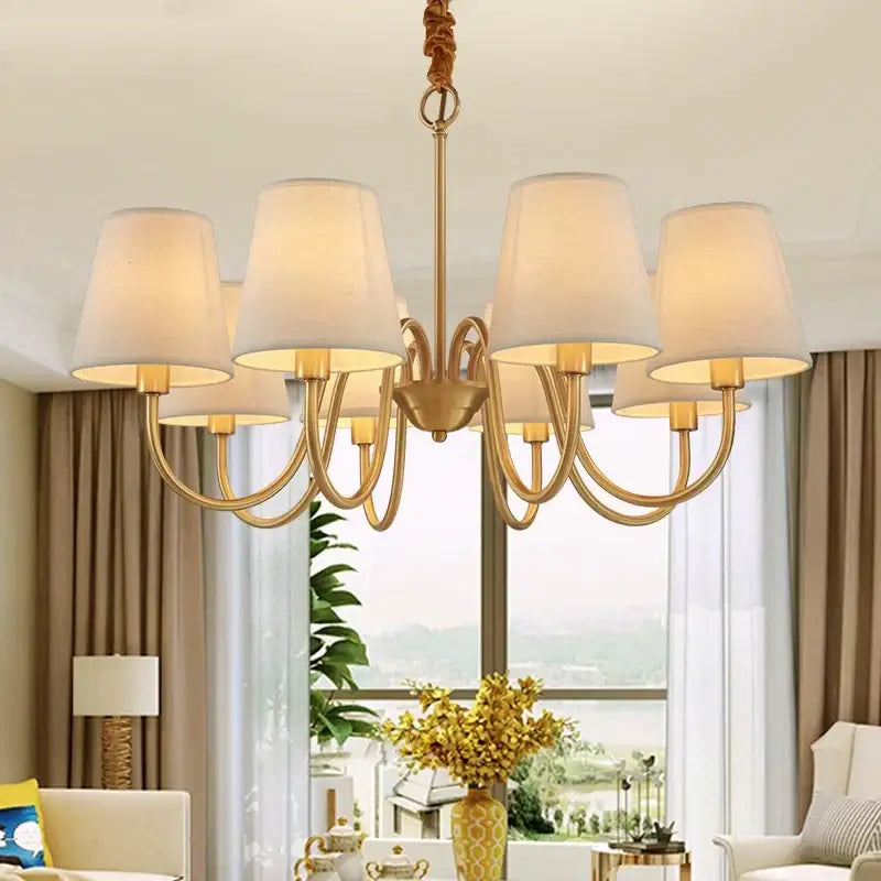 Decorbites copper ceiling chandelier with six cream fabric shades and gold-toned twisted rope pendant for living room