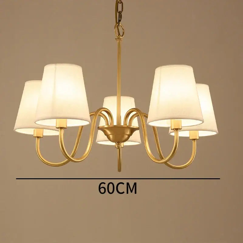 Gold-toned five-arm decorbites copper ceiling chandelier with cream fabric shades for living room lighting