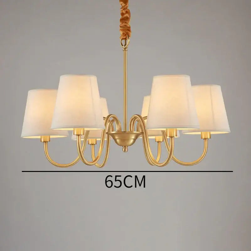 Decorbites copper ceiling chandelier with gold-toned frame, five cream fabric shades, and twisted rope suspension for living room