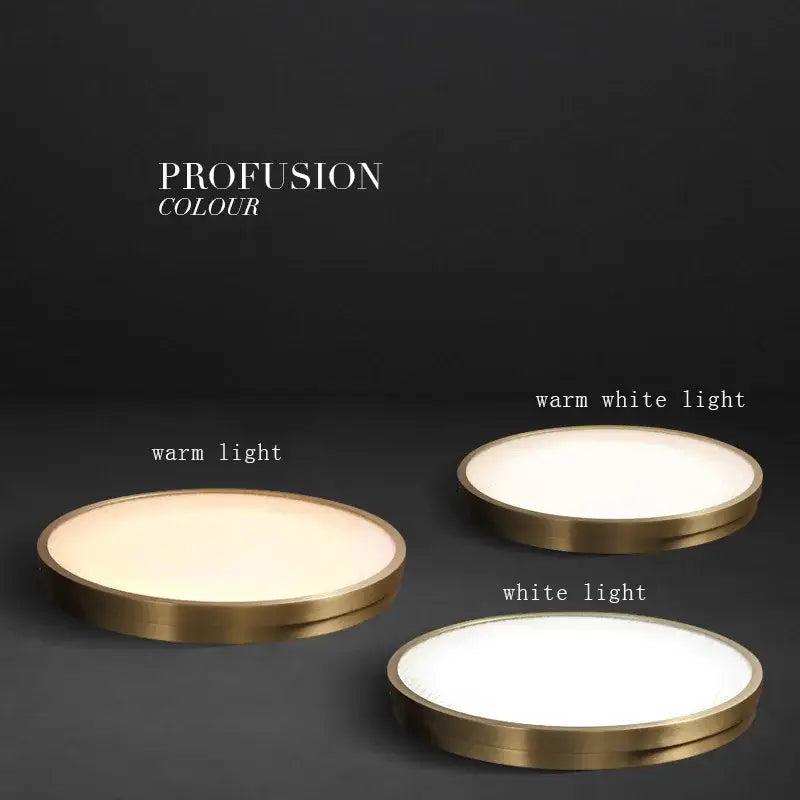 Modern brushed brass copper ceiling lamp with frosted glass panels showing warm, warm white, and white light temperatures