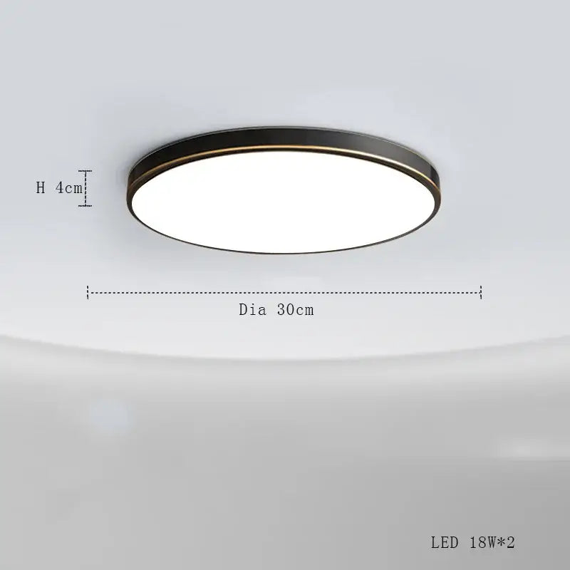 Modern brushed brass copper ceiling lamp with circular led light, sleek black frame, and bright white illumination