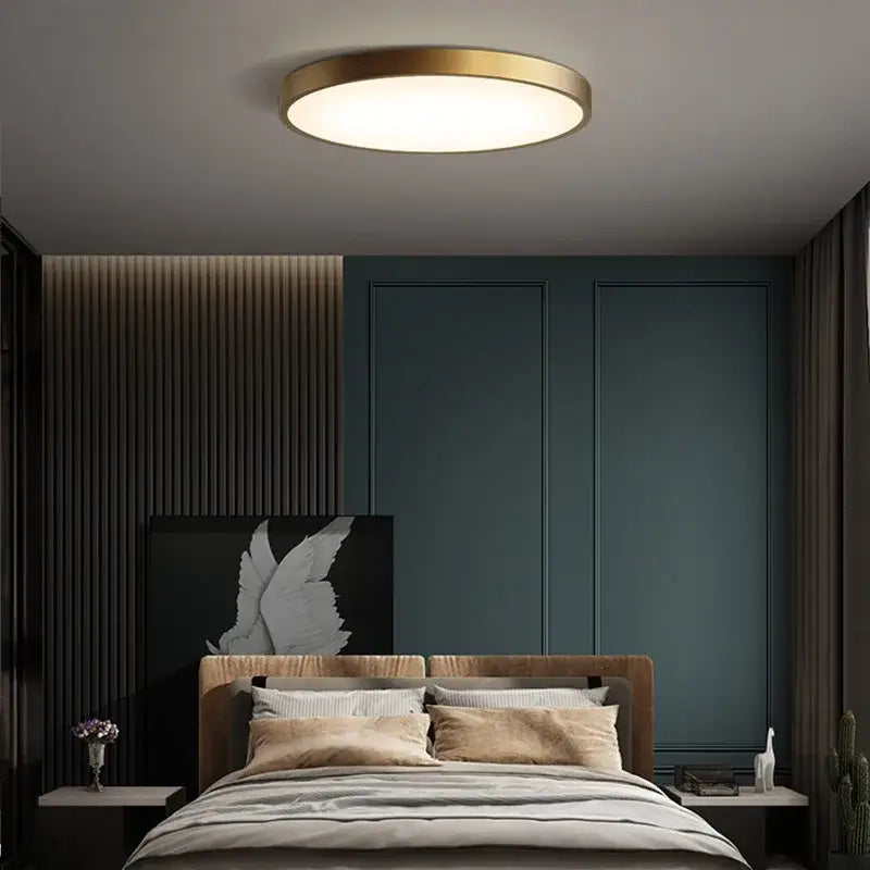 Modern brushed brass copper ceiling lamp with frosted glass and soft diffused illumination for bedroom lighting