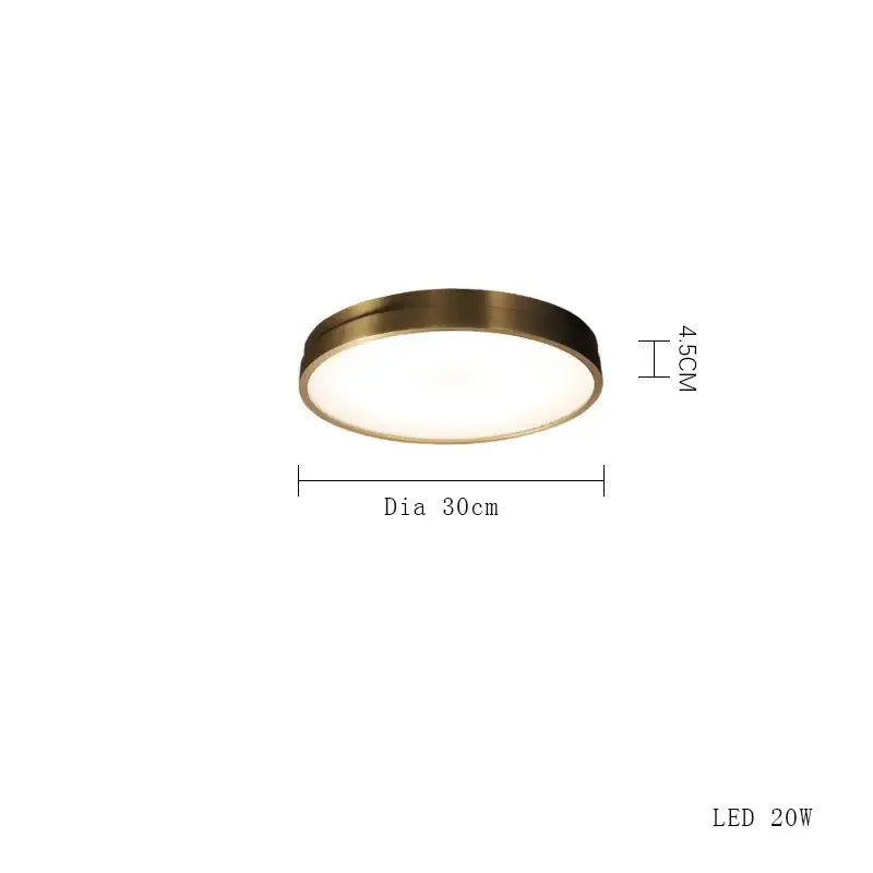 Modern brushed brass copper ceiling lamp with frosted glass light in a minimalist 30cm diameter copper ceiling design
