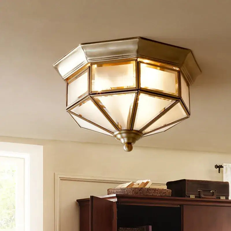 Retro brass octagonal copper ceiling lamp with frosted glass panels and decorative finial for living room lighting