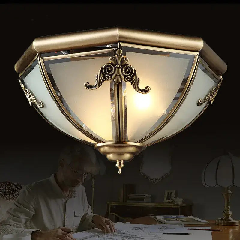 Antique brass ornate scrollwork copper ceiling light with frosted glass panels by decorbites copper ceiling