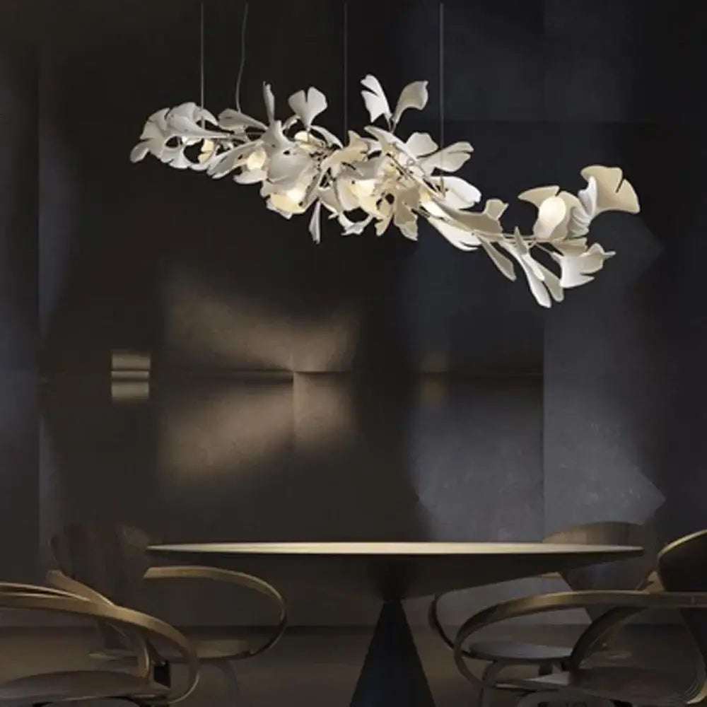 White ginkgo leaf chandelier lantern sculptural pendant light fixture for luxury dining room decor