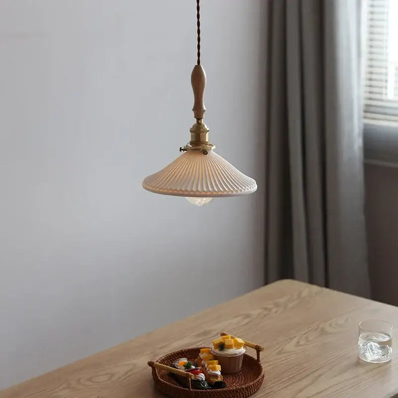 Vintage cream ceramic led pendant lamp with ribbed ceramic shade wooden handle and brass hardware for kitchen use