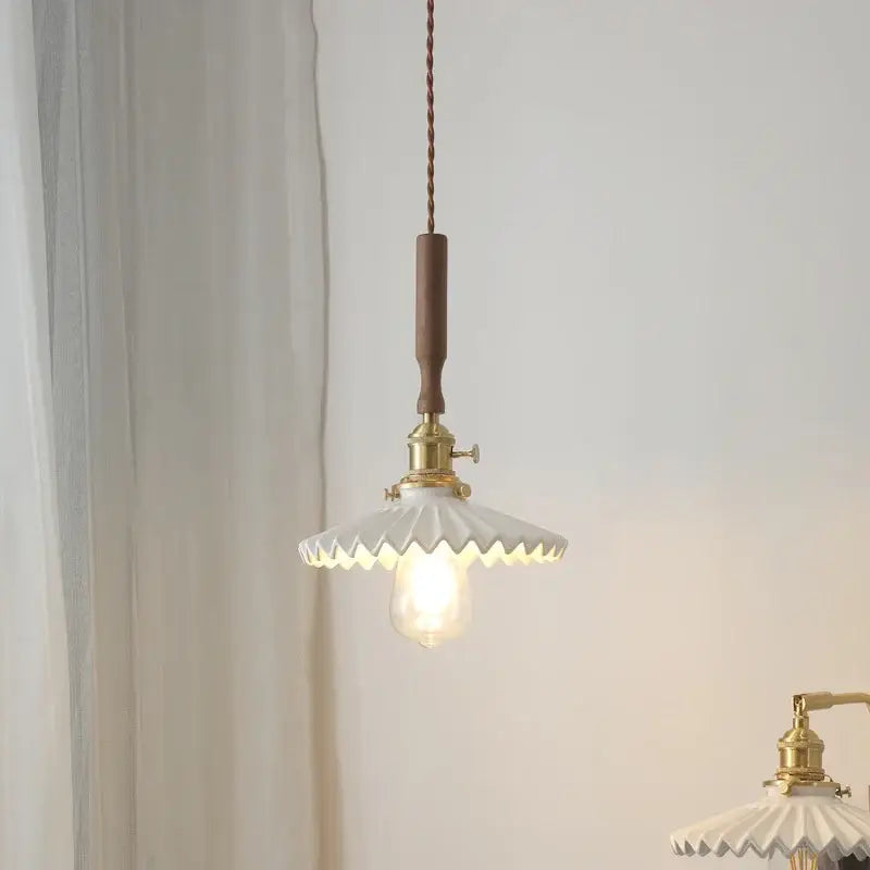 Vintage brass and ceramic led pendant light with white scalloped glass shade and wooden handle for kitchen use