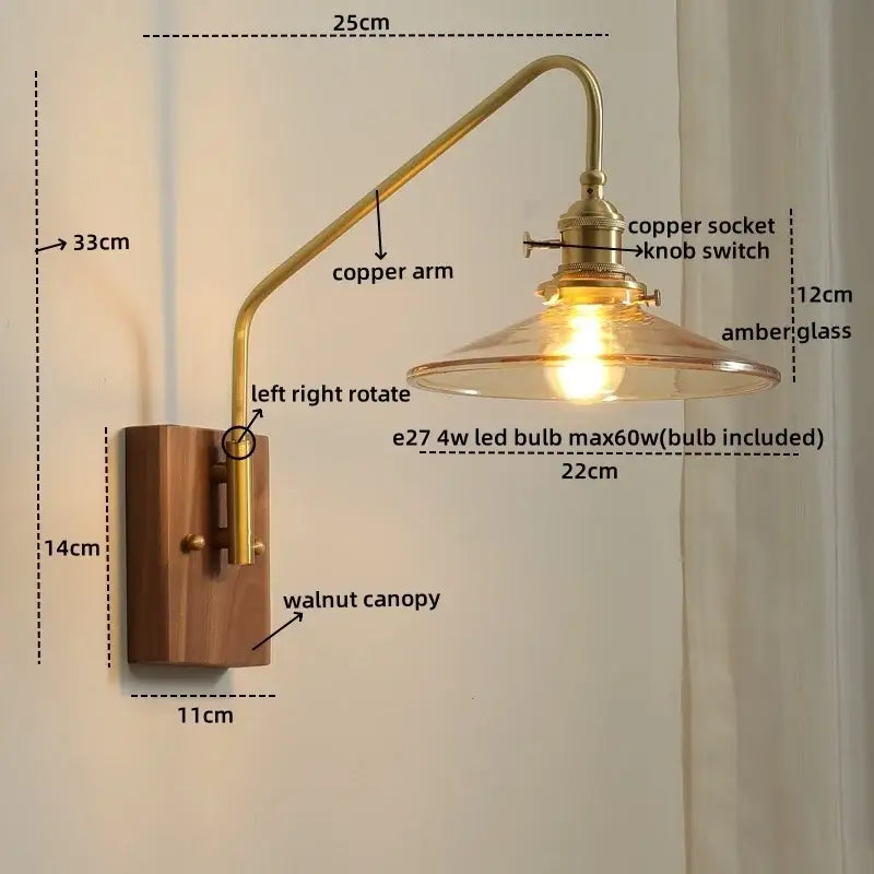Modern brass and copper ceramic led wall lamp with amber glass shade and walnut canopy for bedroom lighting