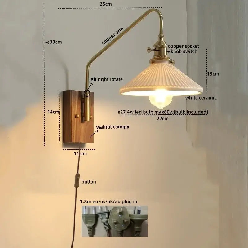 Modern wall lamps with brass copper ceramic led arm, walnut base, and white ceramic ridged shade for bedroom lighting