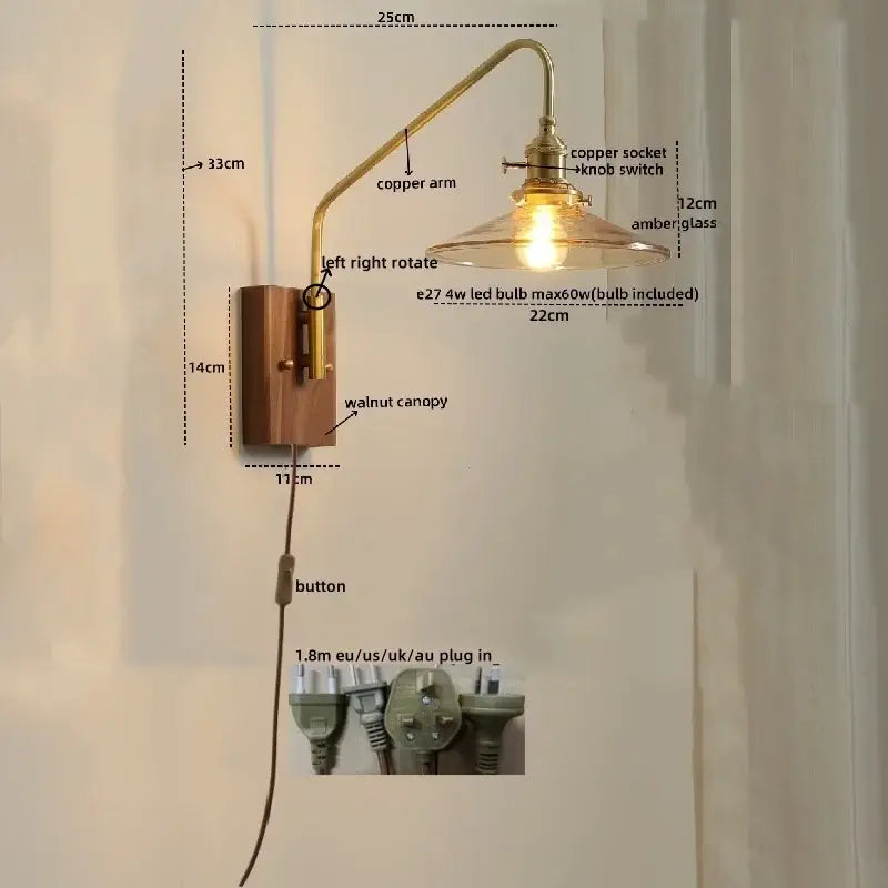Modern brass and copper ceramic led wall lamps with amber glass shade and walnut canopy for bedroom lighting